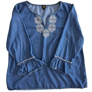 Lee | Chambray Embroidered |  Boho Blouse Ruffle Bell Sleeve Top Size XL